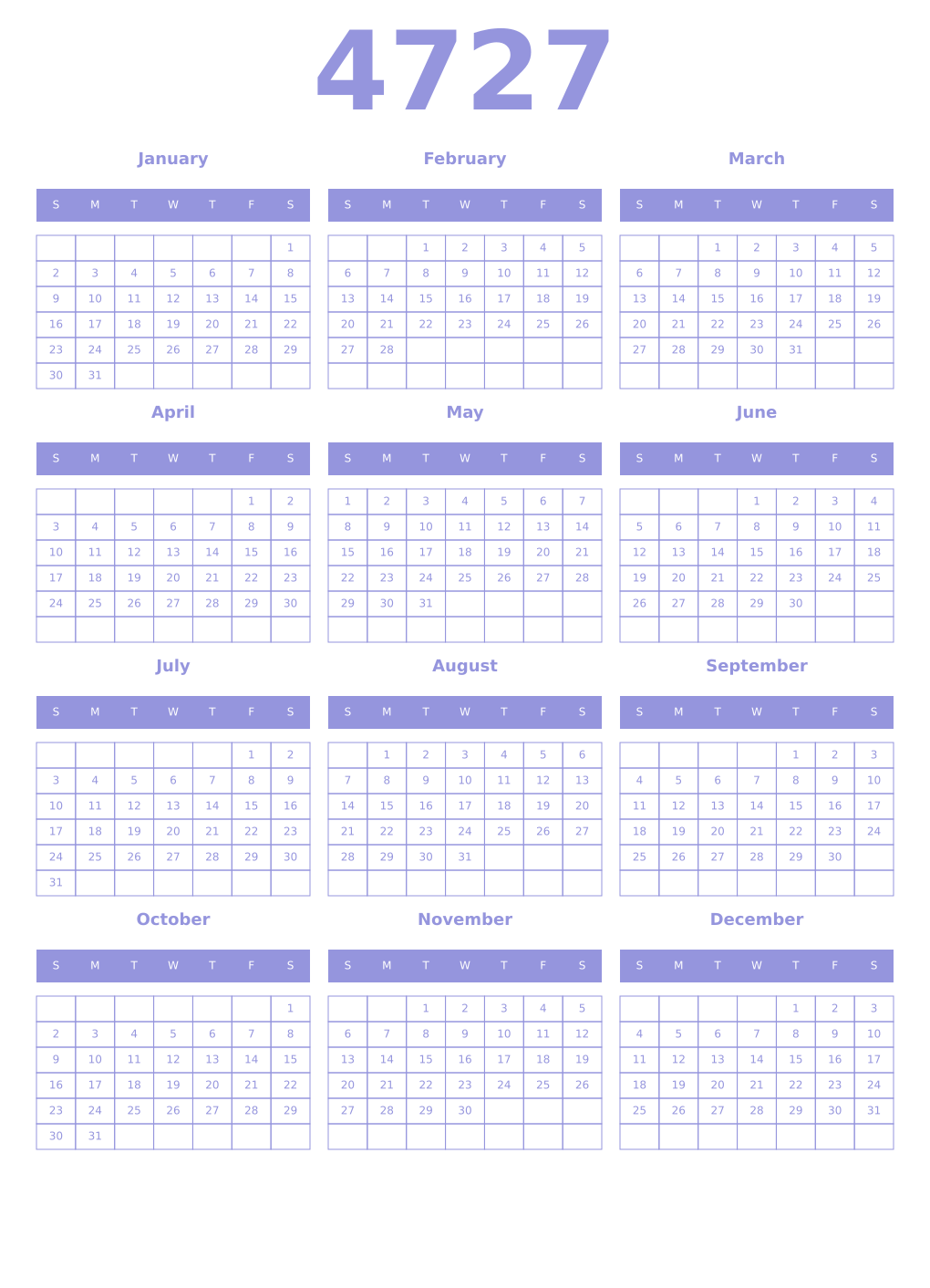 Printable 4727 Year Calendars periwinkle