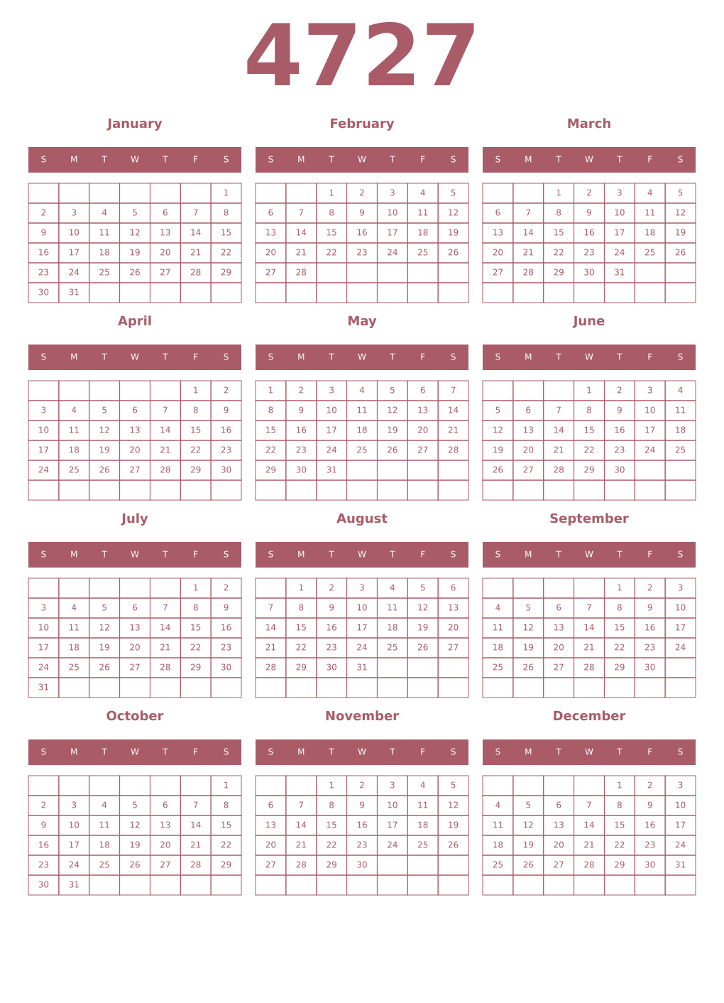 Printable 4727 Year Calendars puce