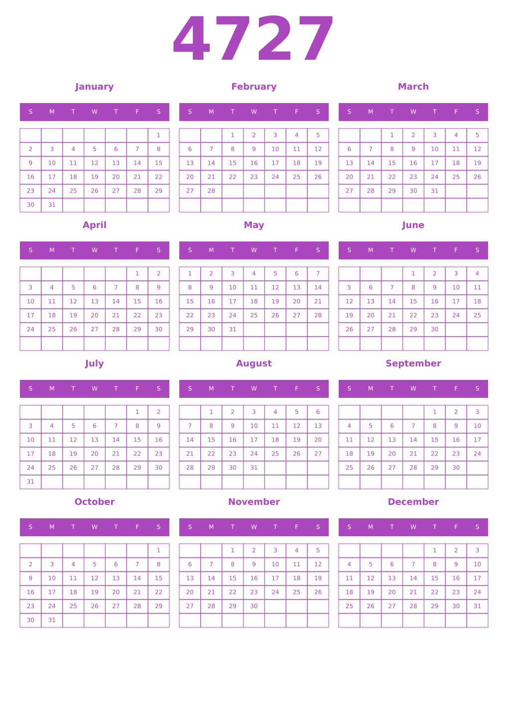 Printable 4727 Year Calendars purple