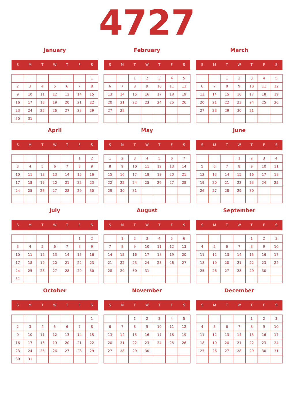 Printable 4727 Year Calendars red
