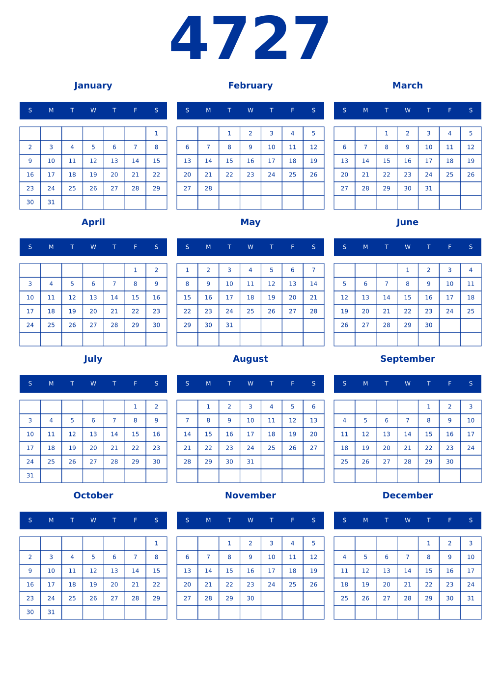 Printable 4727 Year Calendars smalt