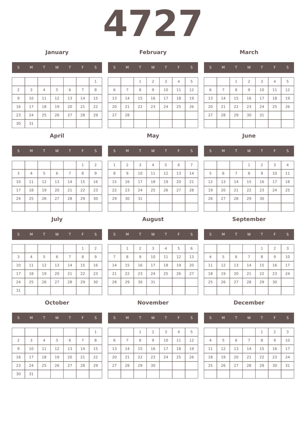Printable 4727 Year Calendars wenge