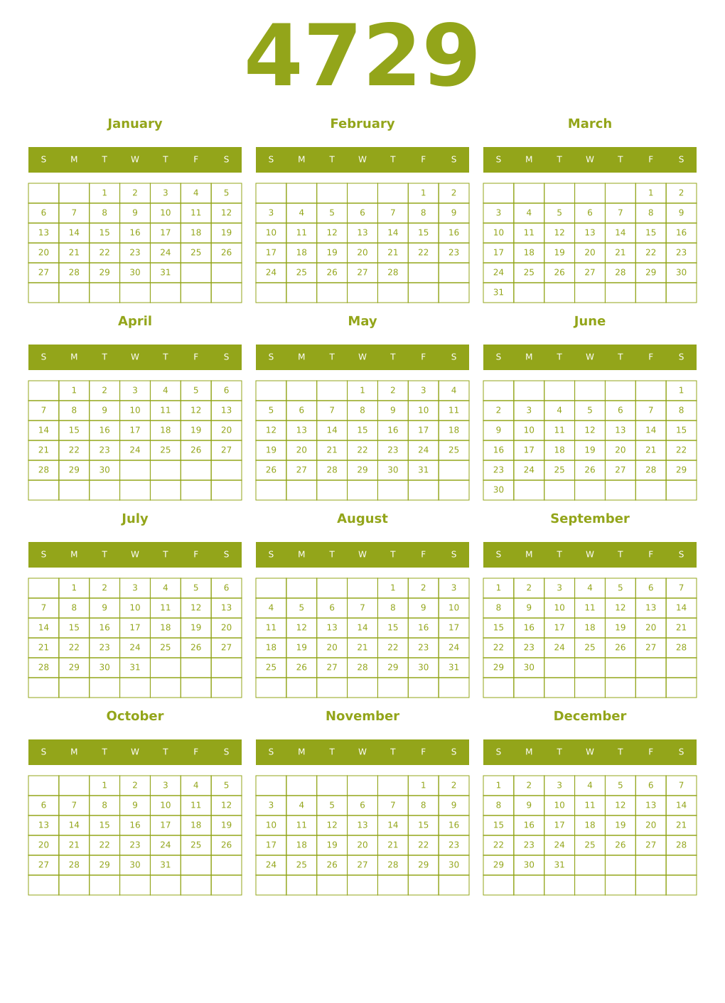 Printable 4729 Year Calendars chartreuse