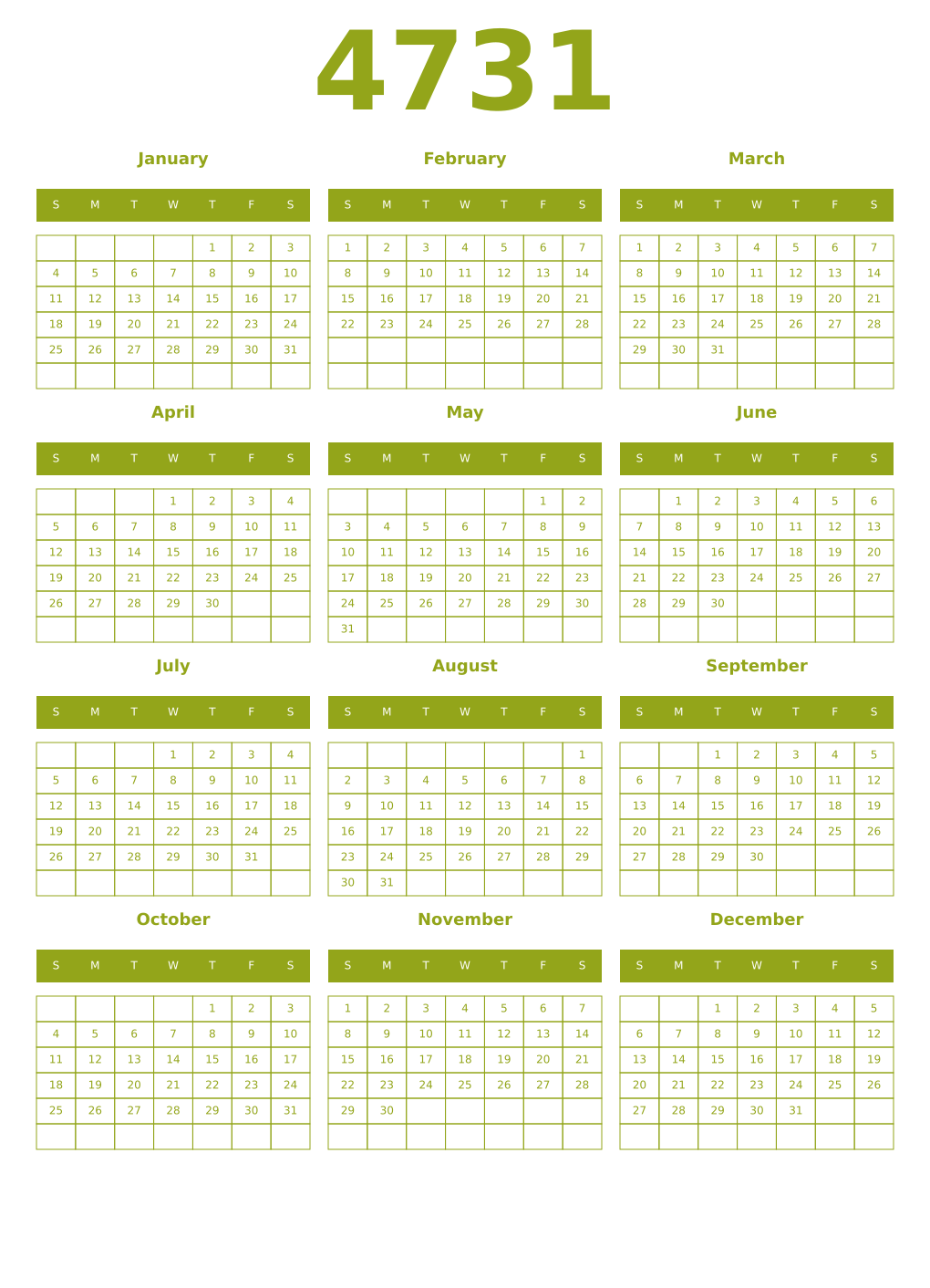 Printable 4731 Year Calendars chartreuse