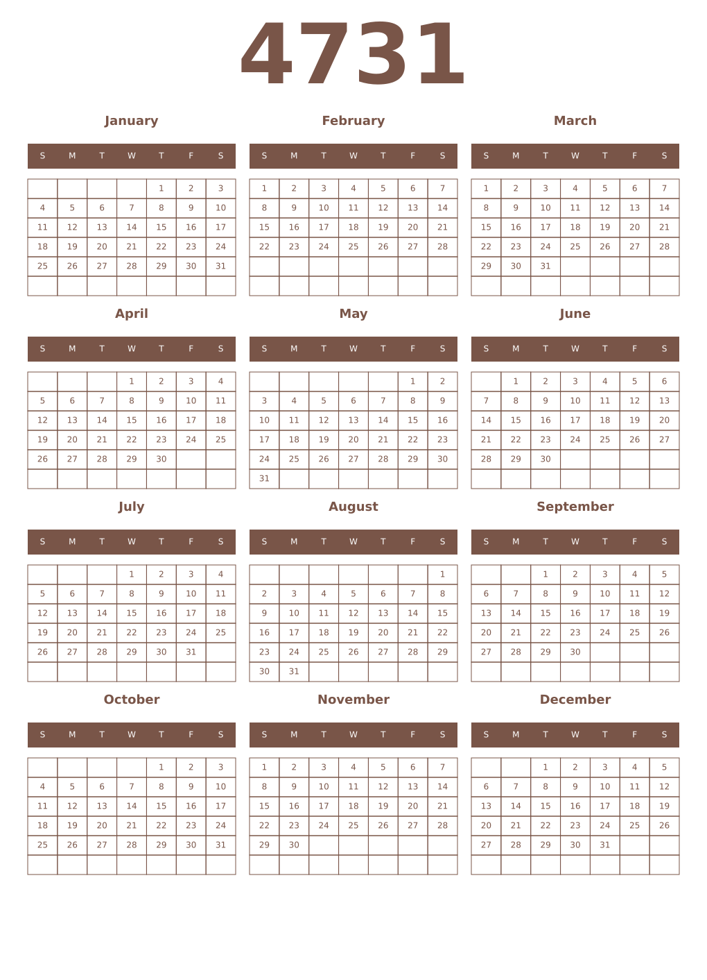 Printable 4731 Year Calendars coffe