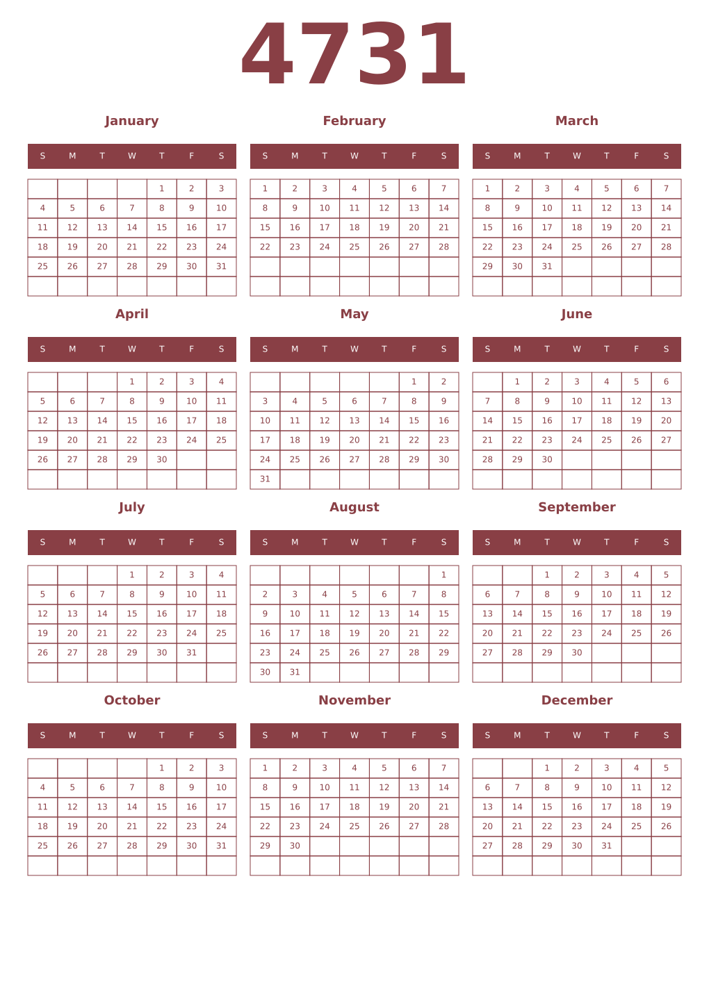 Printable 4731 Year Calendars cordovan