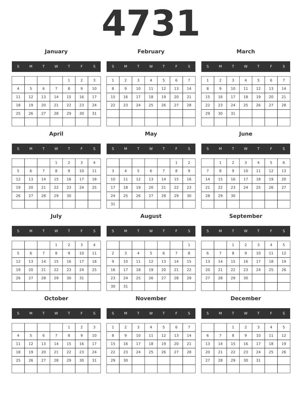 Printable 4731 Year Calendars dark