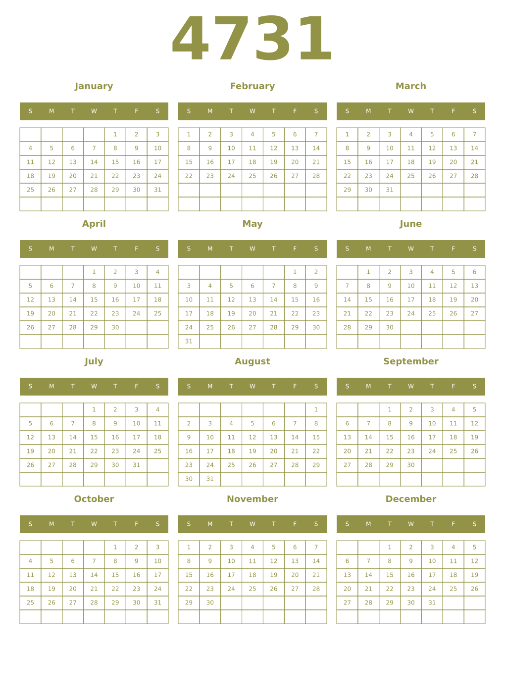 Printable 4731 Year Calendars eburnean