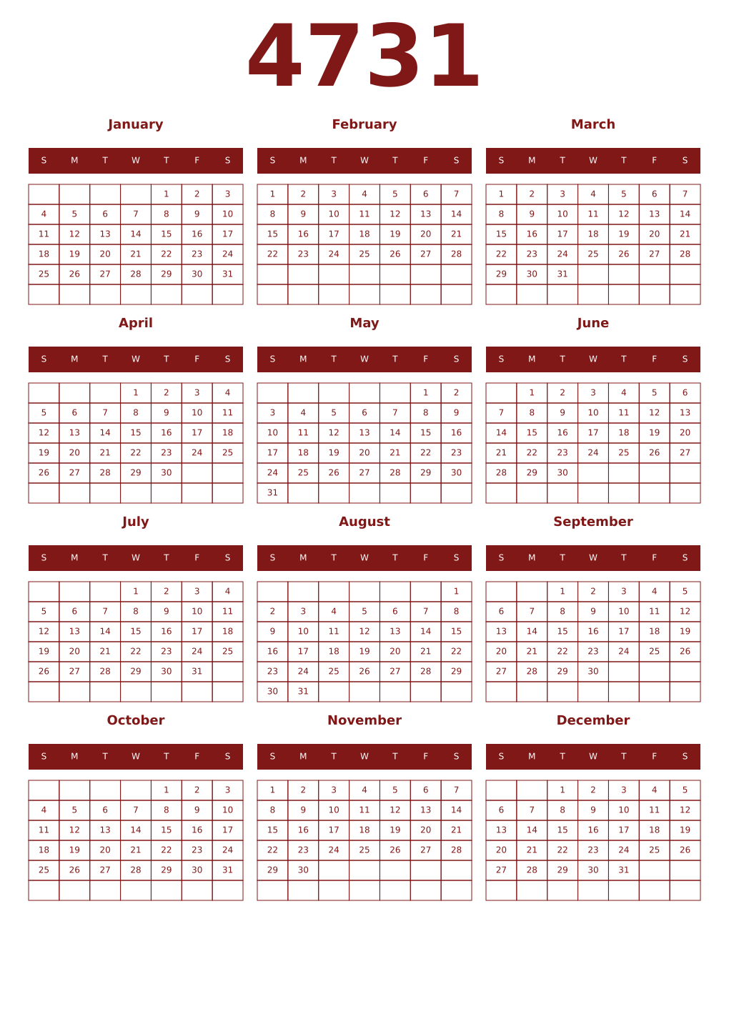 Printable 4731 Year Calendars falu