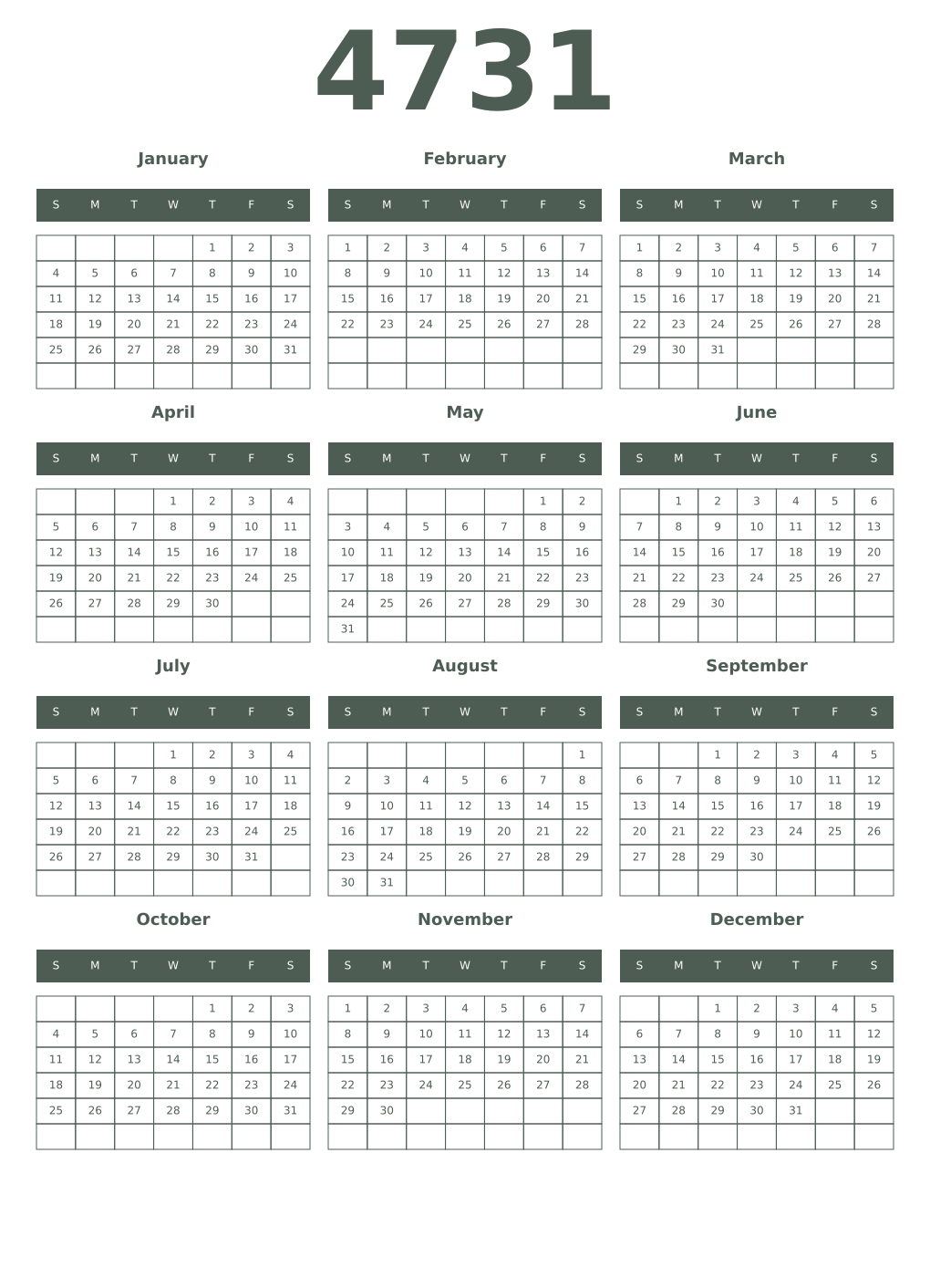 Printable 4731 Year Calendars feldgrau