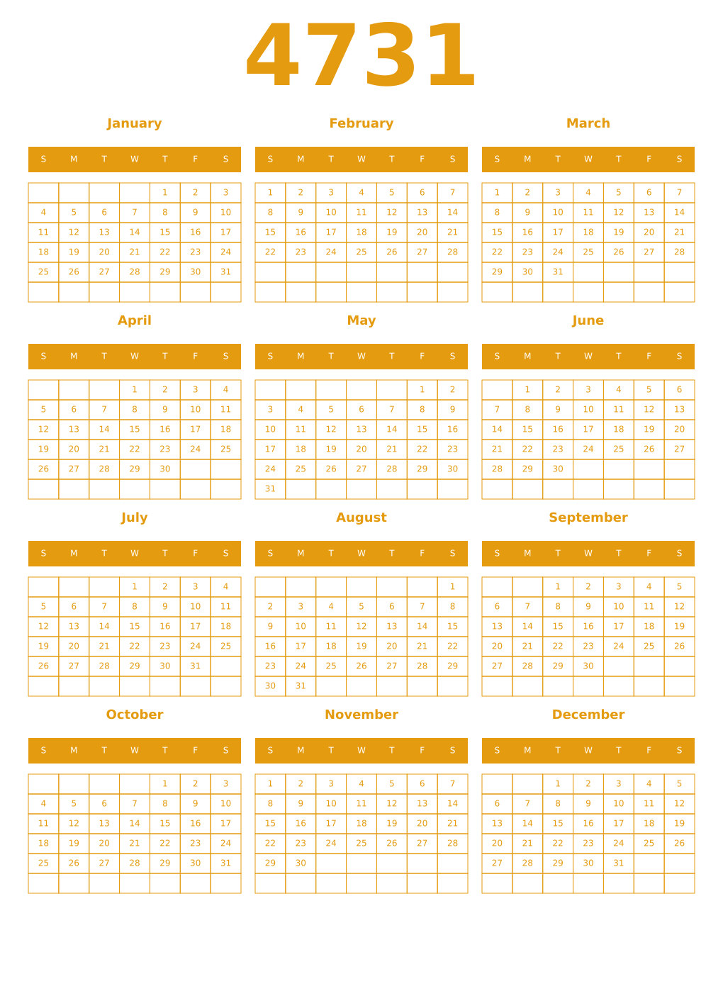 Printable 4731 Year Calendars gamboge