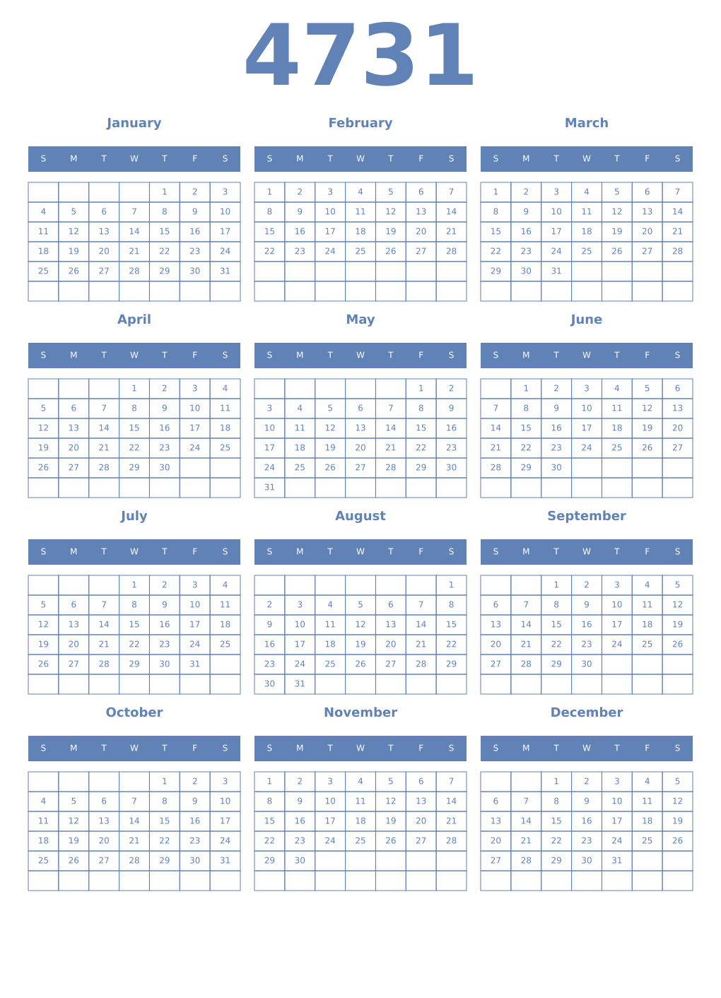 Printable 4731 Year Calendars glaucous