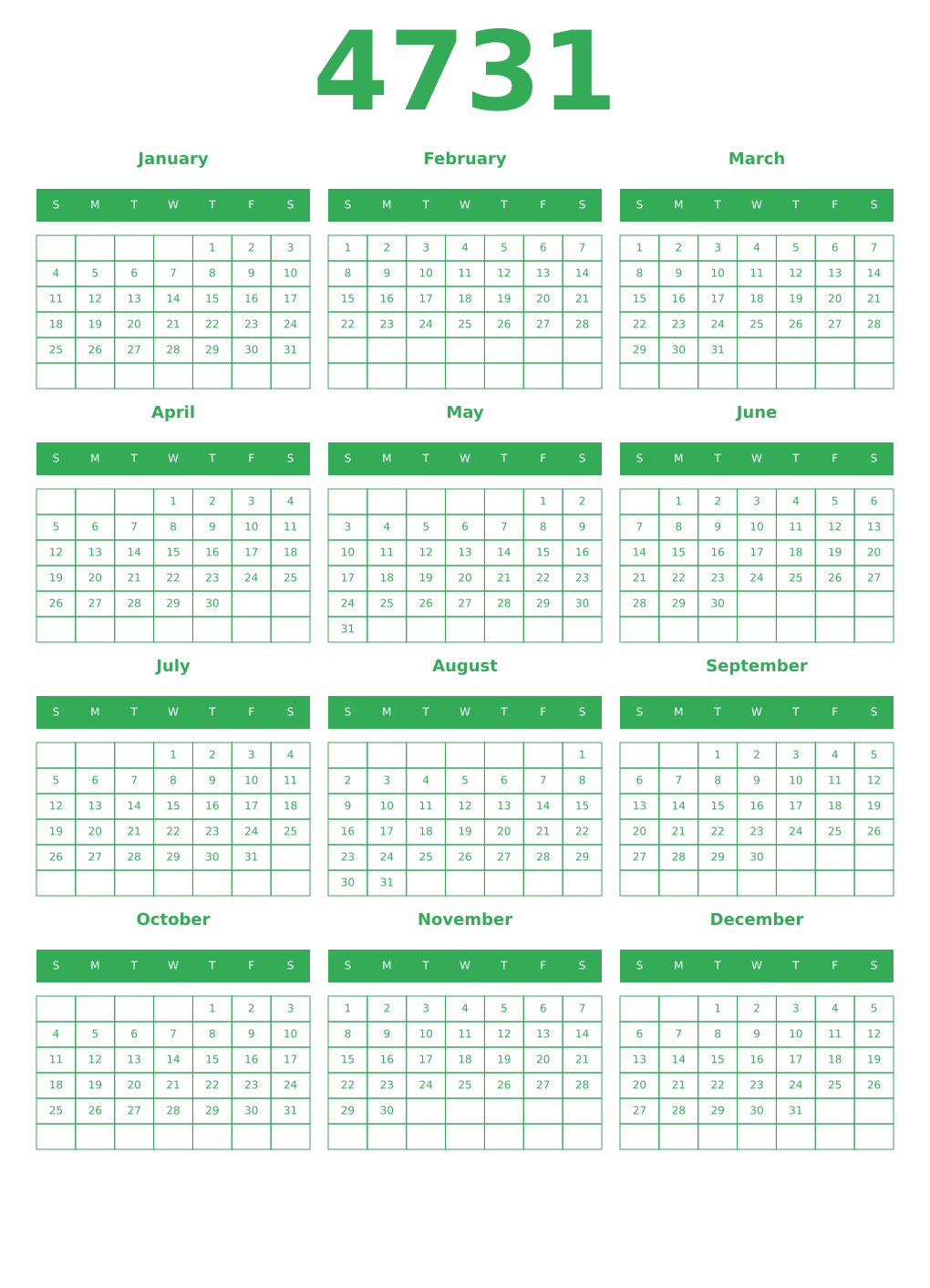 Printable 4731 Year Calendars green