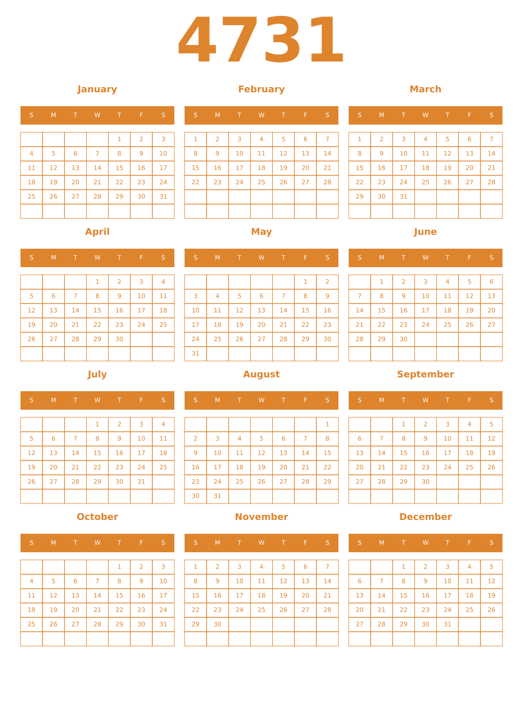 Printable 4731 Year Calendars orange