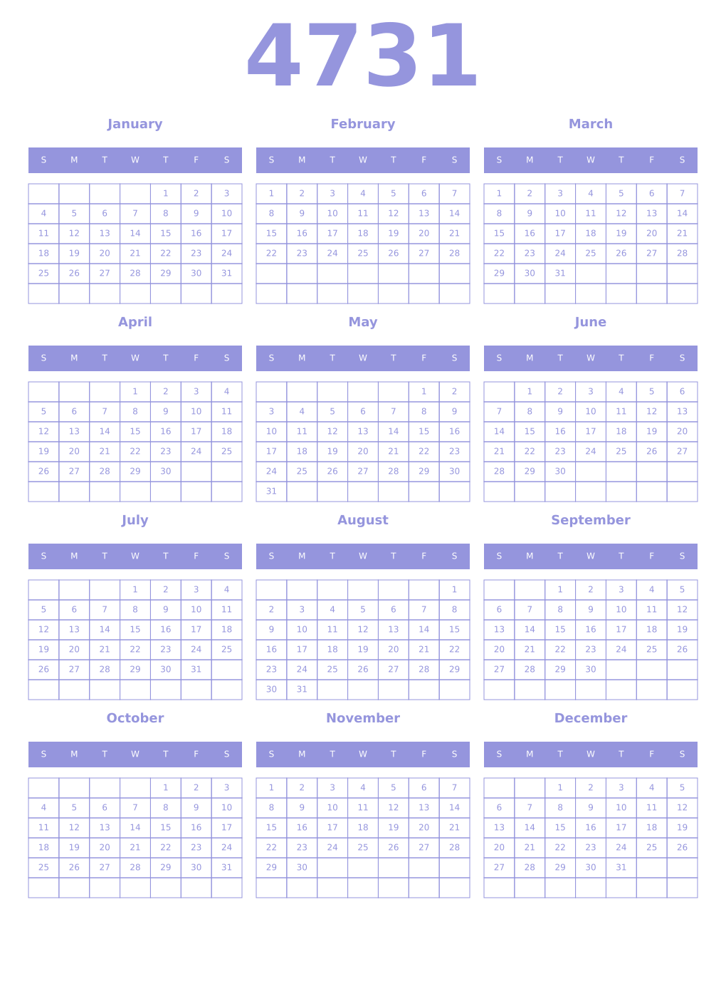 Printable 4731 Year Calendars periwinkle