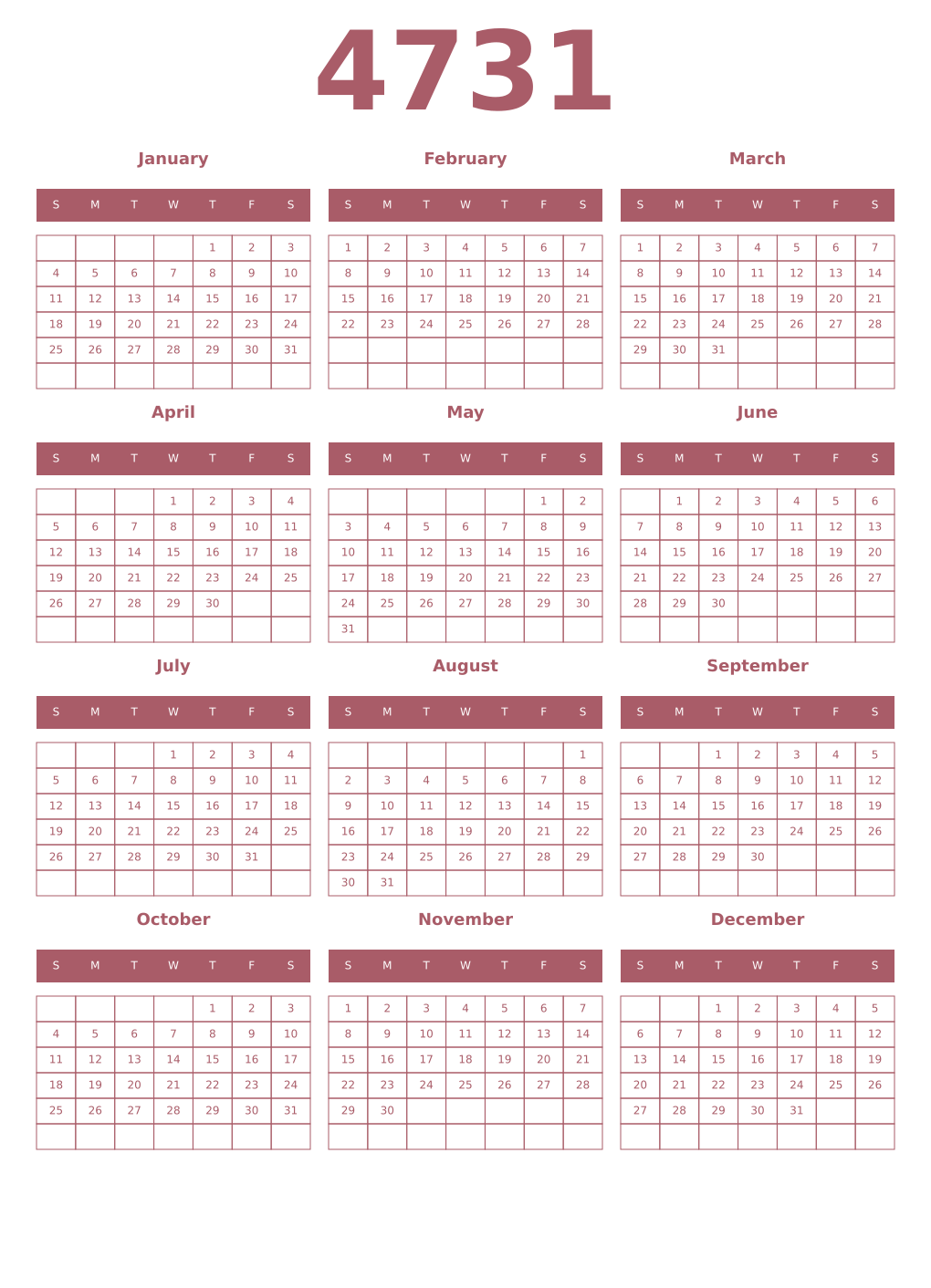 Printable 4731 Year Calendars puce