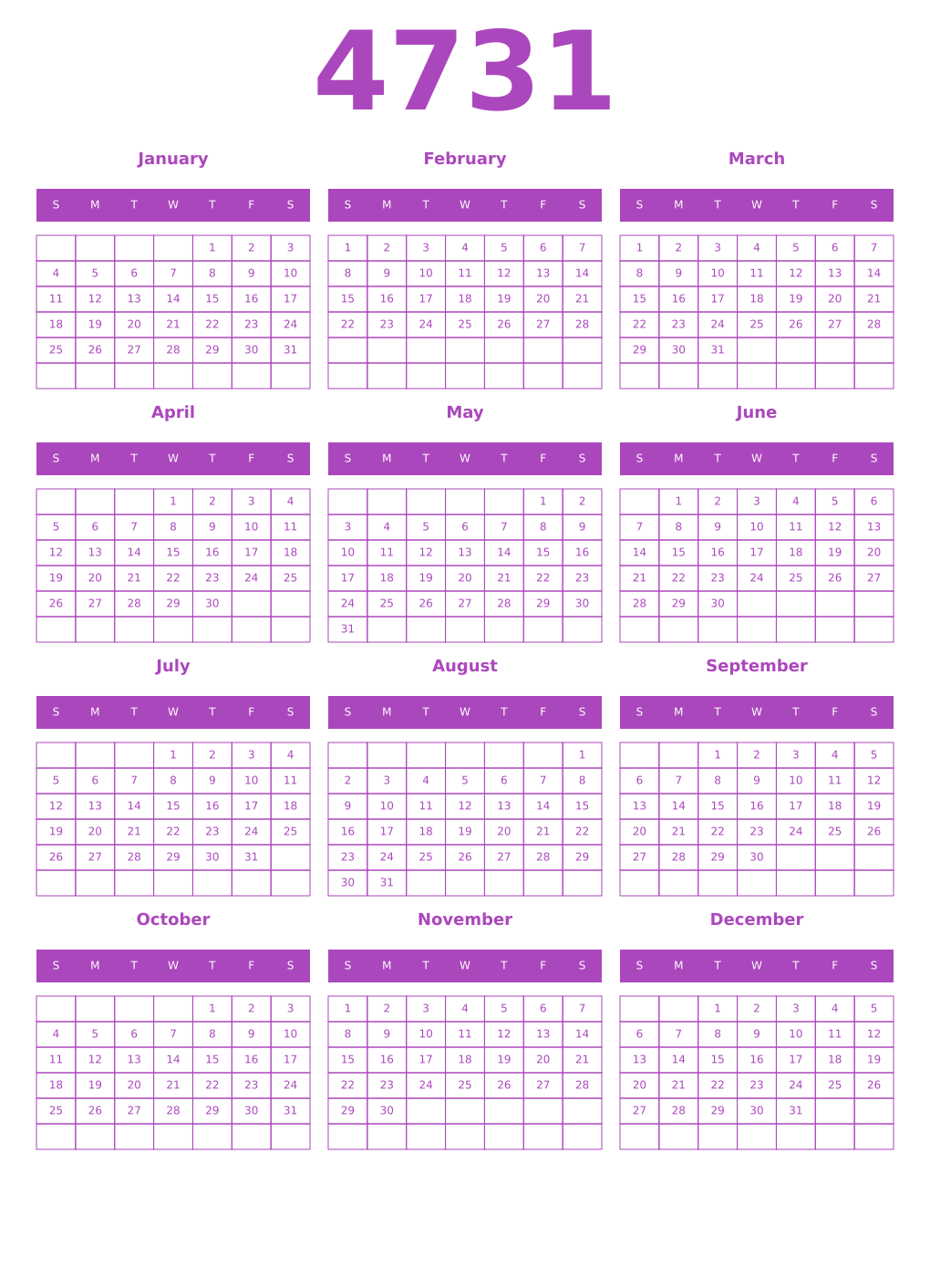 Printable 4731 Year Calendars purple