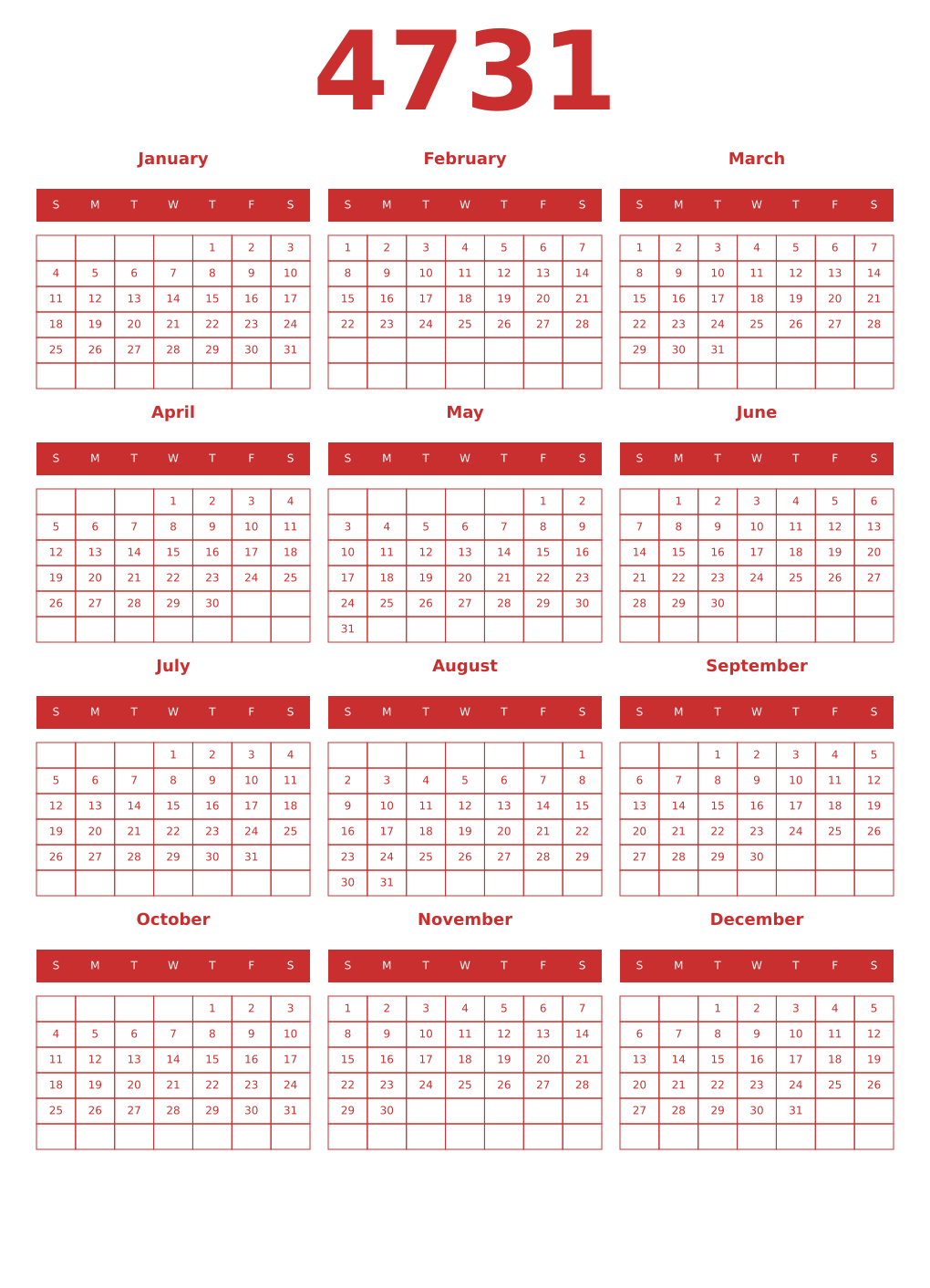 Printable 4731 Year Calendars red