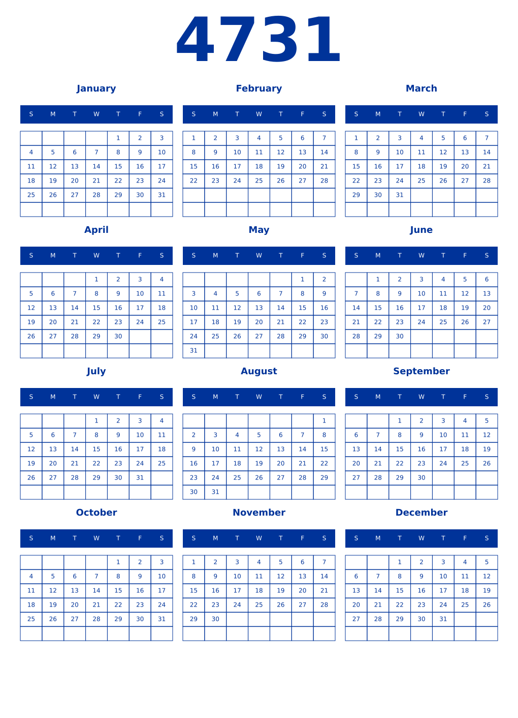 Printable 4731 Year Calendars smalt