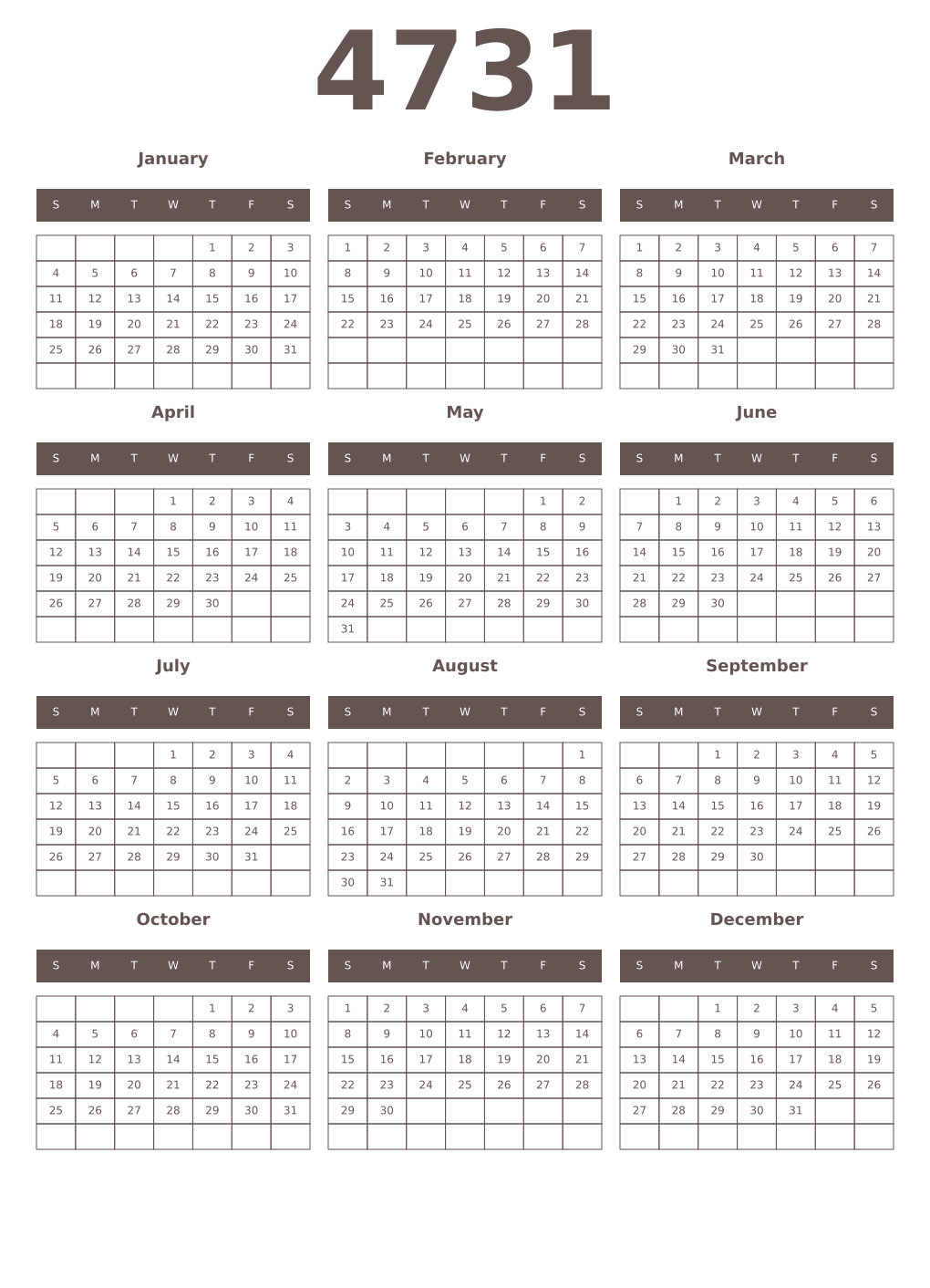 Printable 4731 Year Calendars wenge