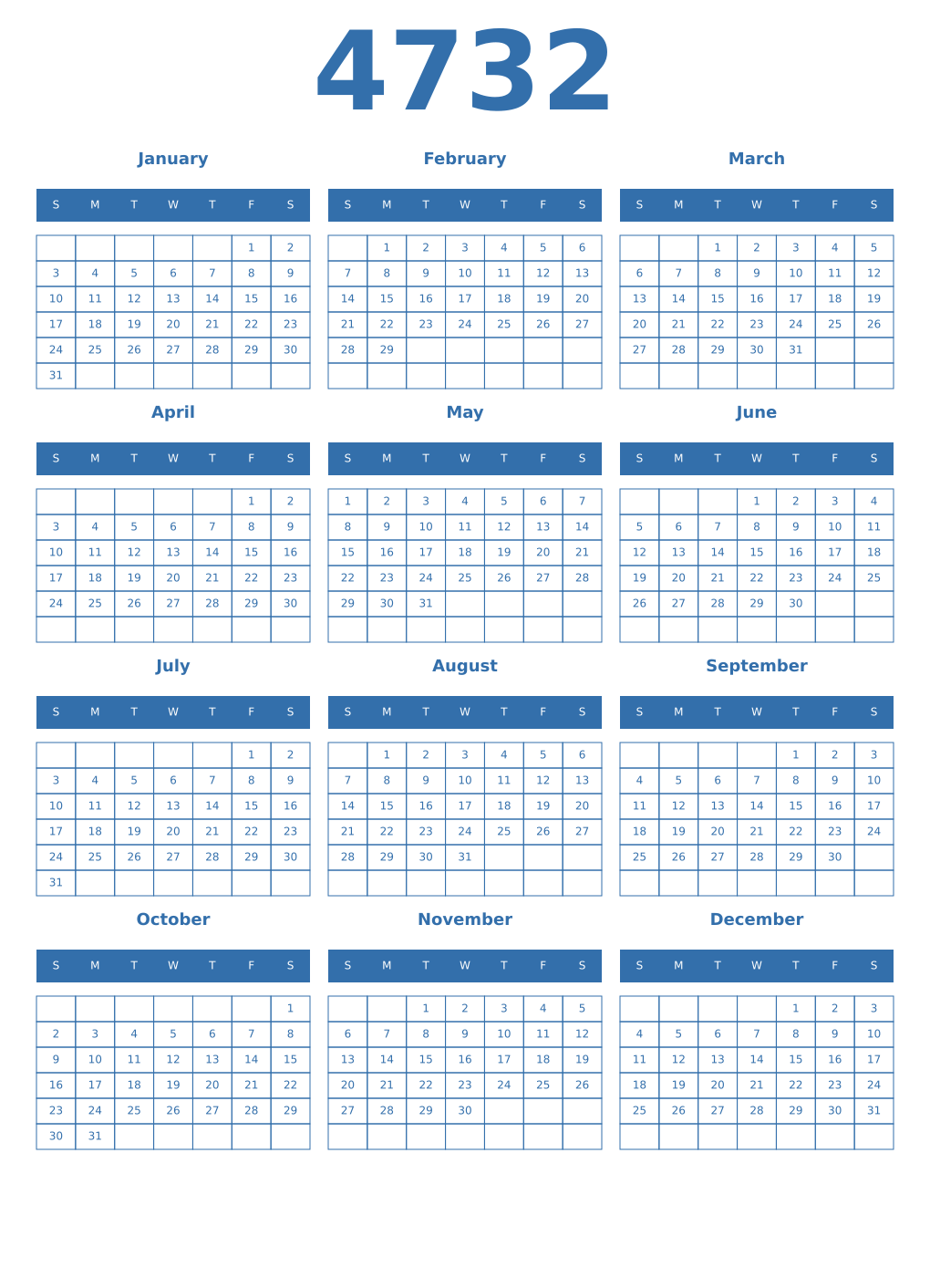Printable 4732 Year Calendars blue