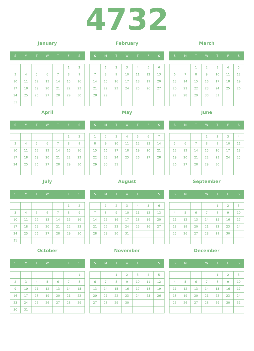 Printable 4732 Year Calendars celadon