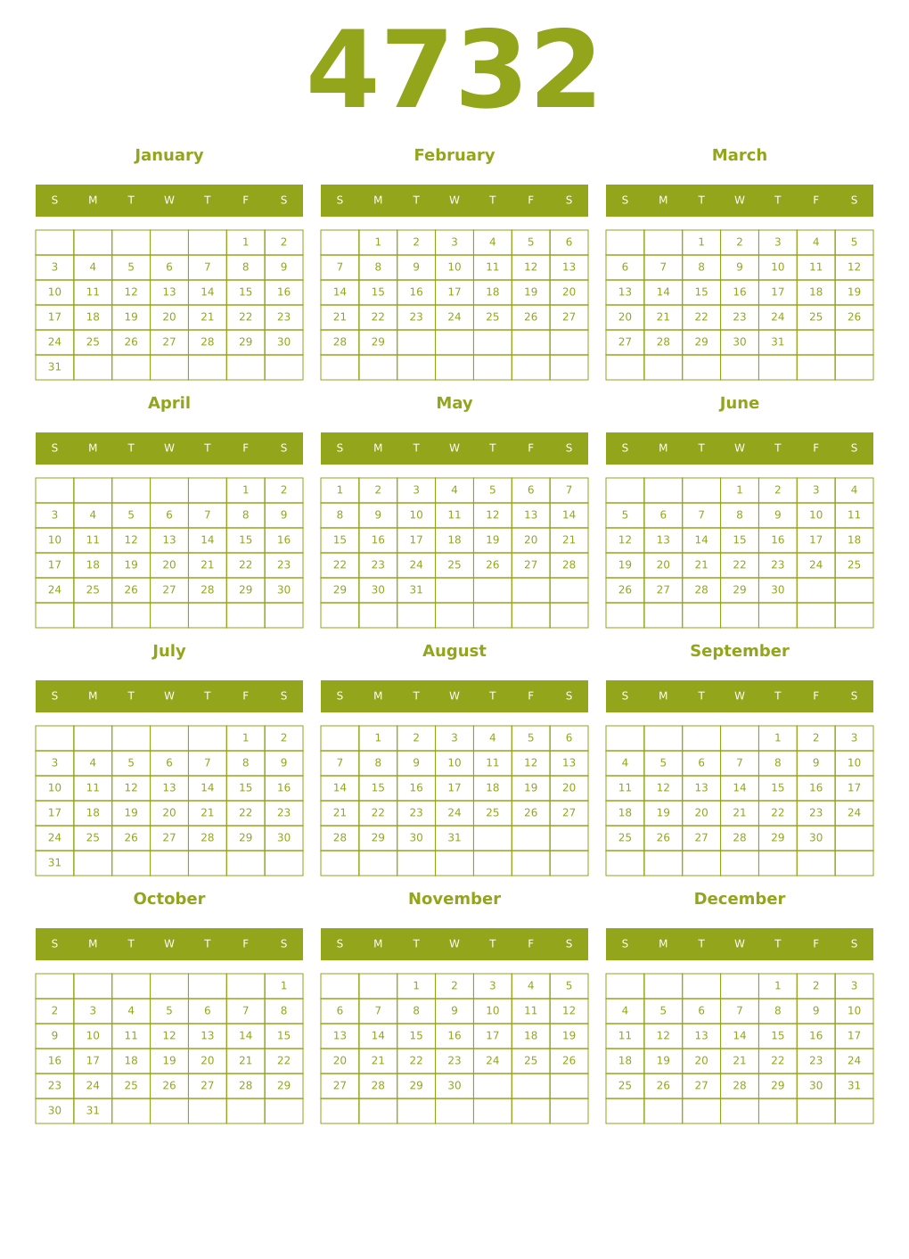 Printable 4732 Year Calendars chartreuse