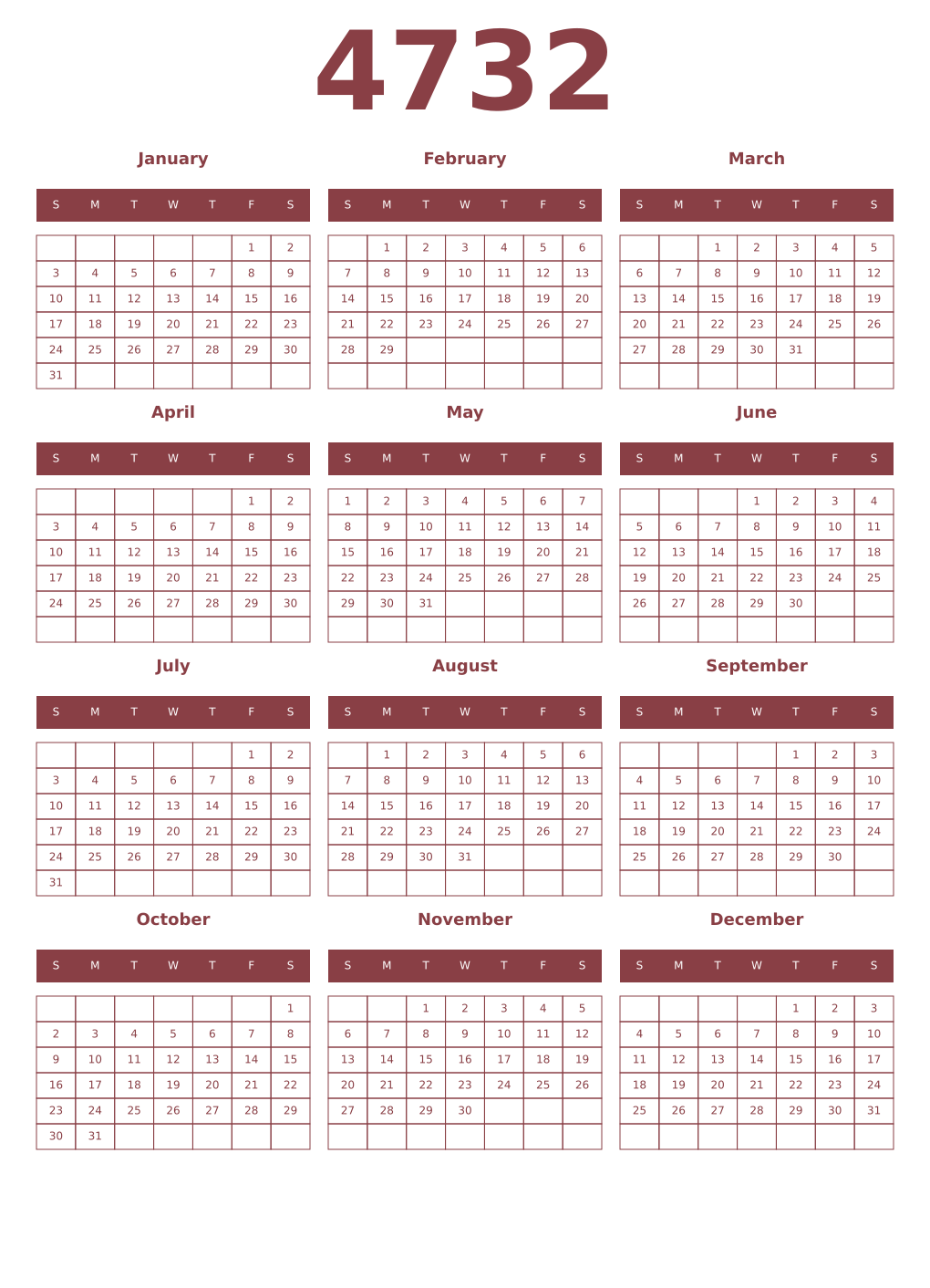 Printable 4732 Year Calendars cordovan