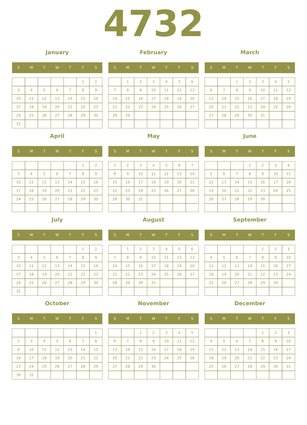 Printable 4732 Year Calendars eburnean