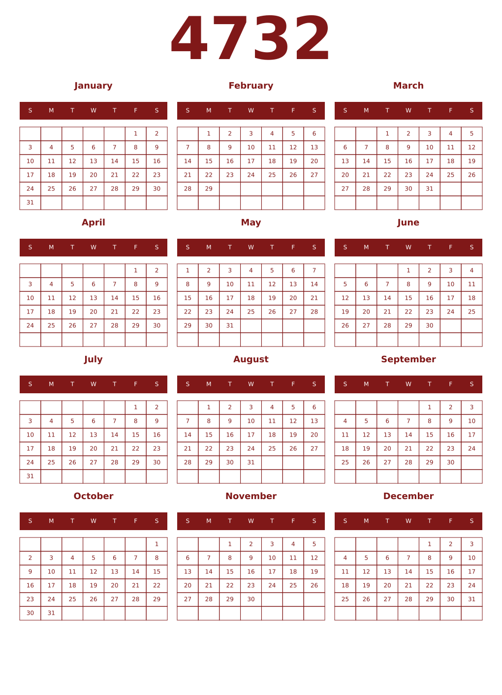 Printable 4732 Year Calendars falu