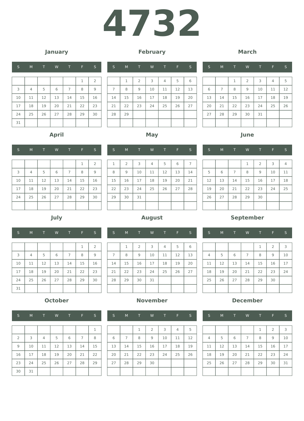 Printable 4732 Year Calendars feldgrau