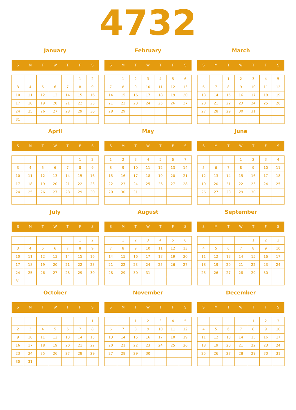 Printable 4732 Year Calendars gamboge