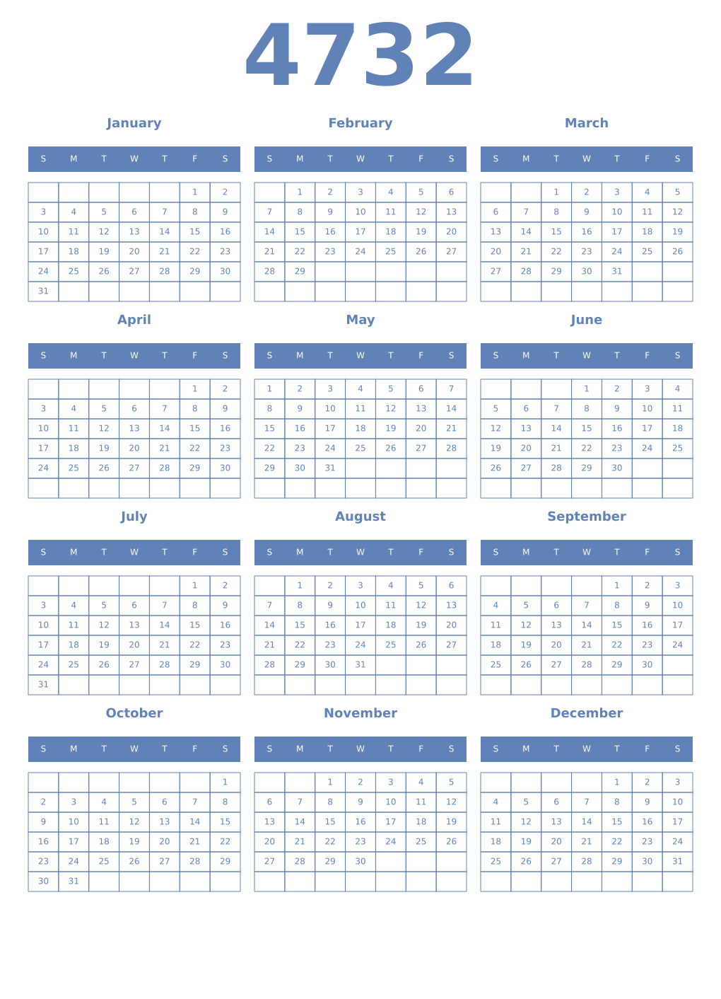 Printable 4732 Year Calendars glaucous