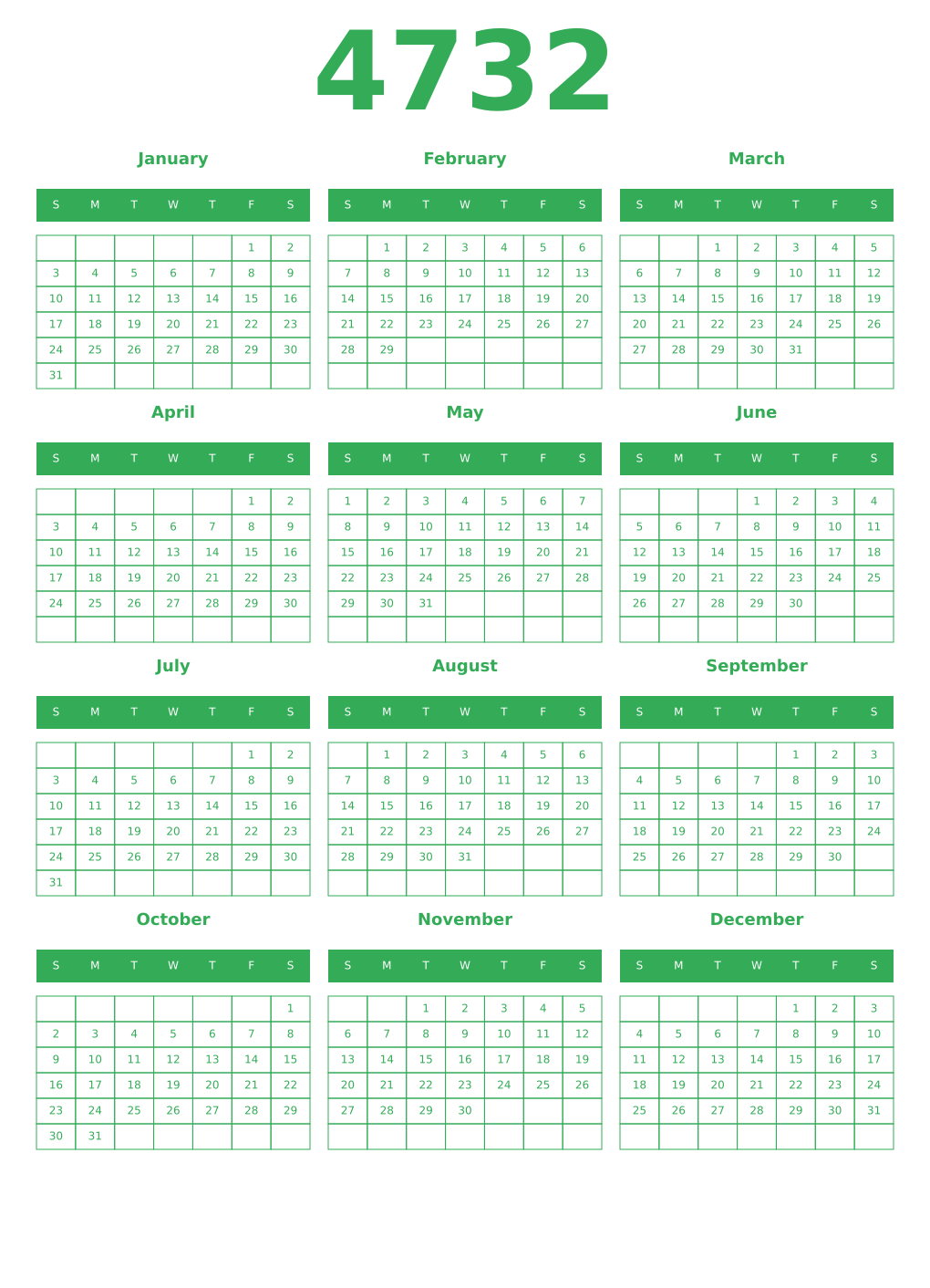 Printable 4732 Year Calendars green
