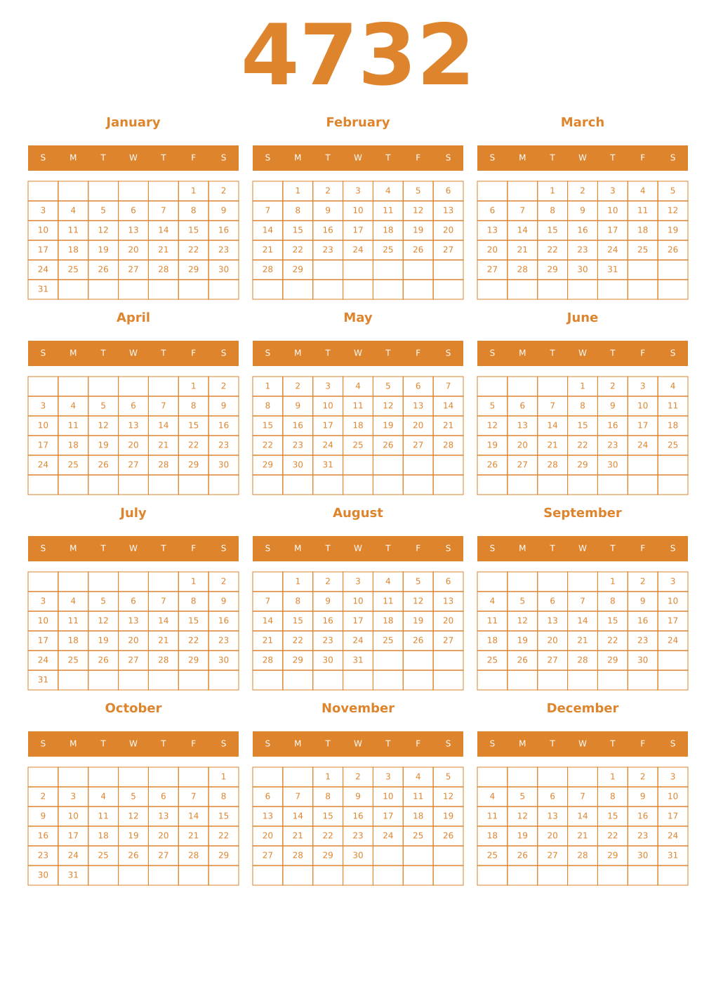Printable 4732 Year Calendars orange