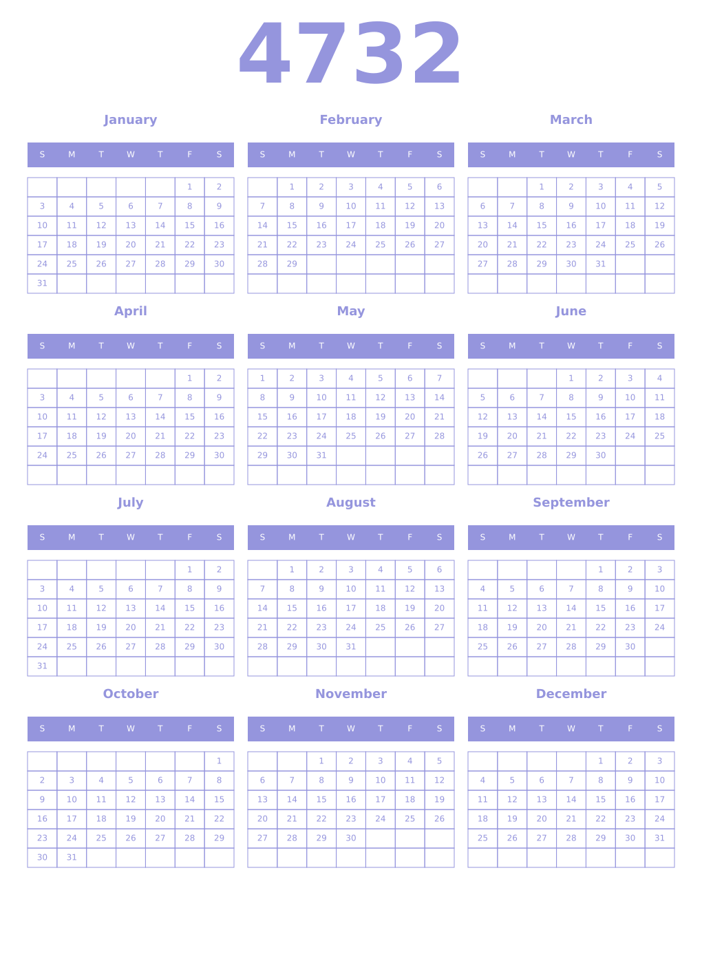 Printable 4732 Year Calendars periwinkle