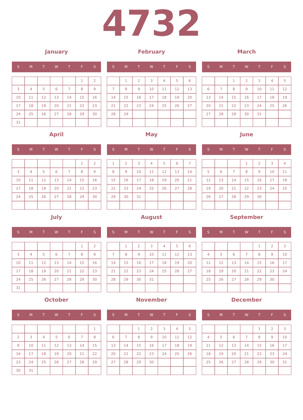 Printable 4732 Year Calendars puce