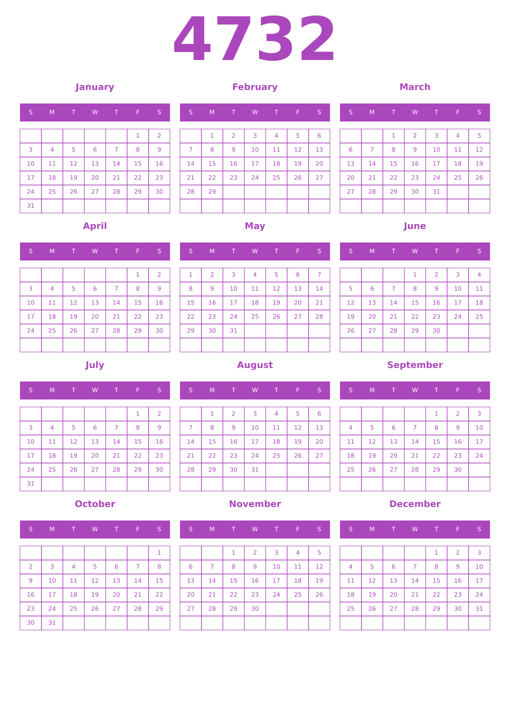 Printable 4732 Year Calendars purple