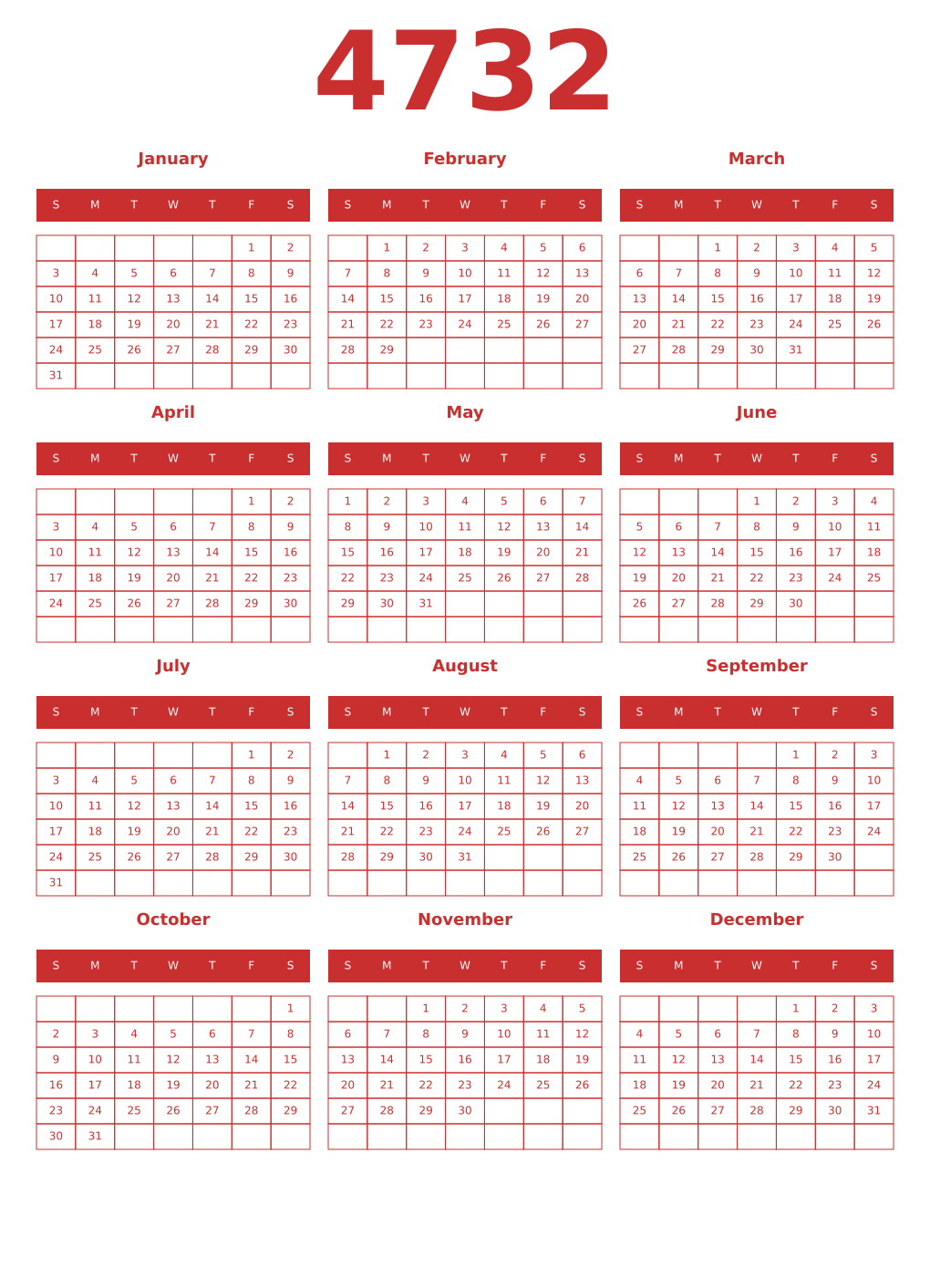 Printable 4732 Year Calendars red