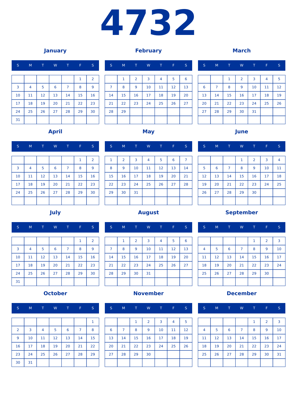Printable 4732 Year Calendars smalt