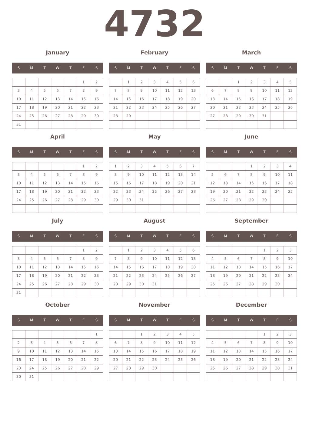 Printable 4732 Year Calendars wenge
