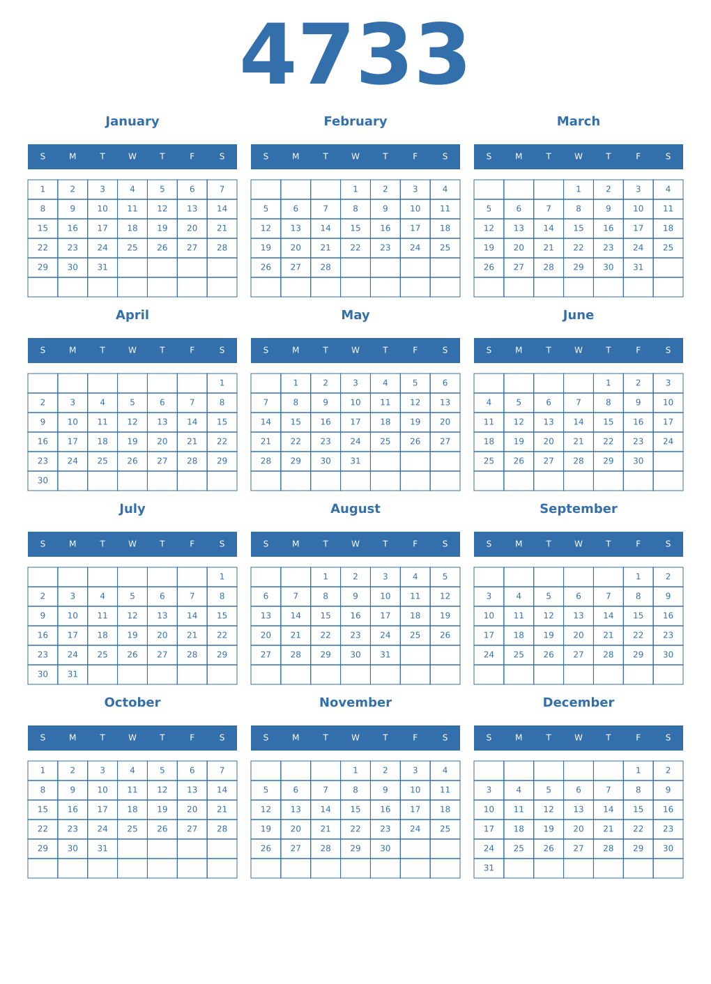Printable 4733 Year Calendars blue