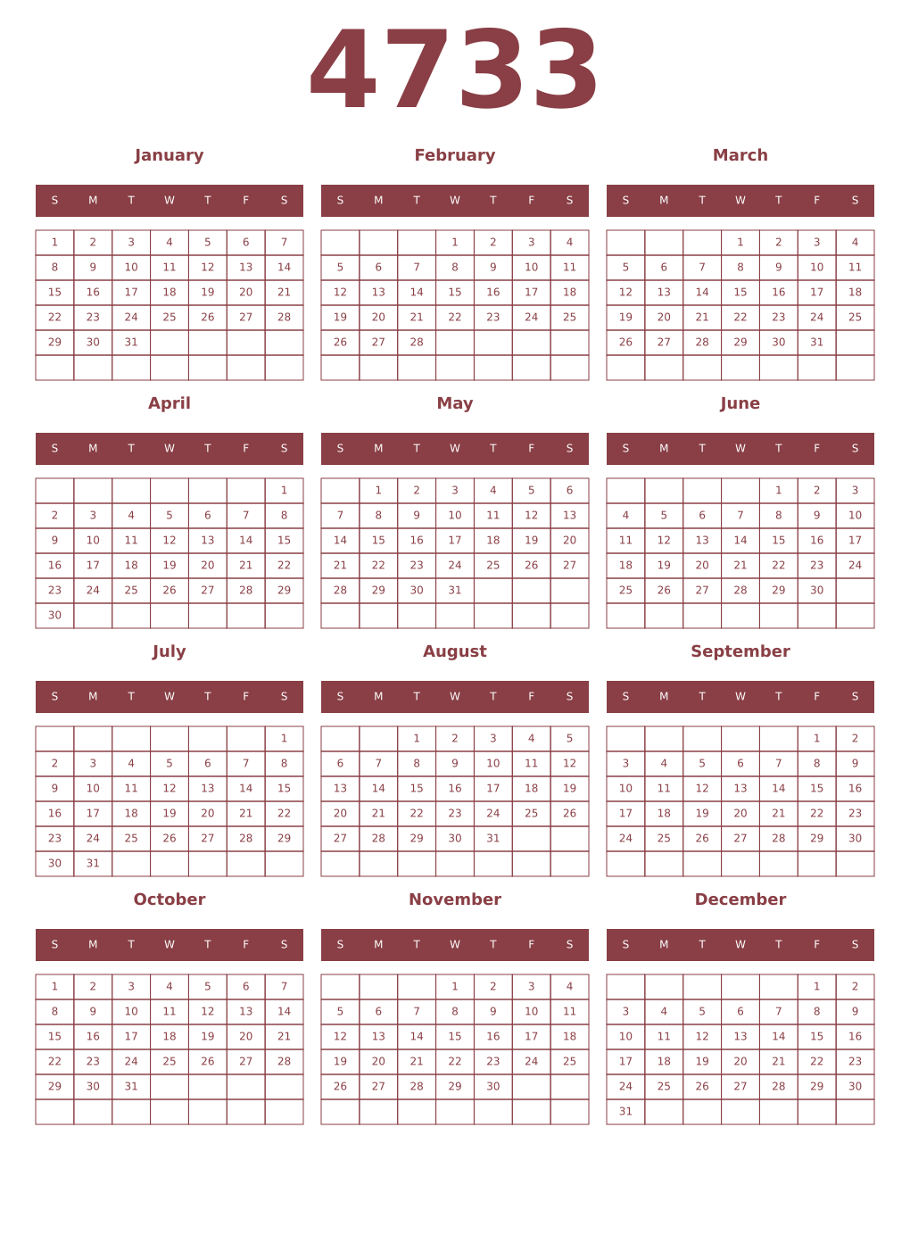 Printable 4733 Year Calendars cordovan