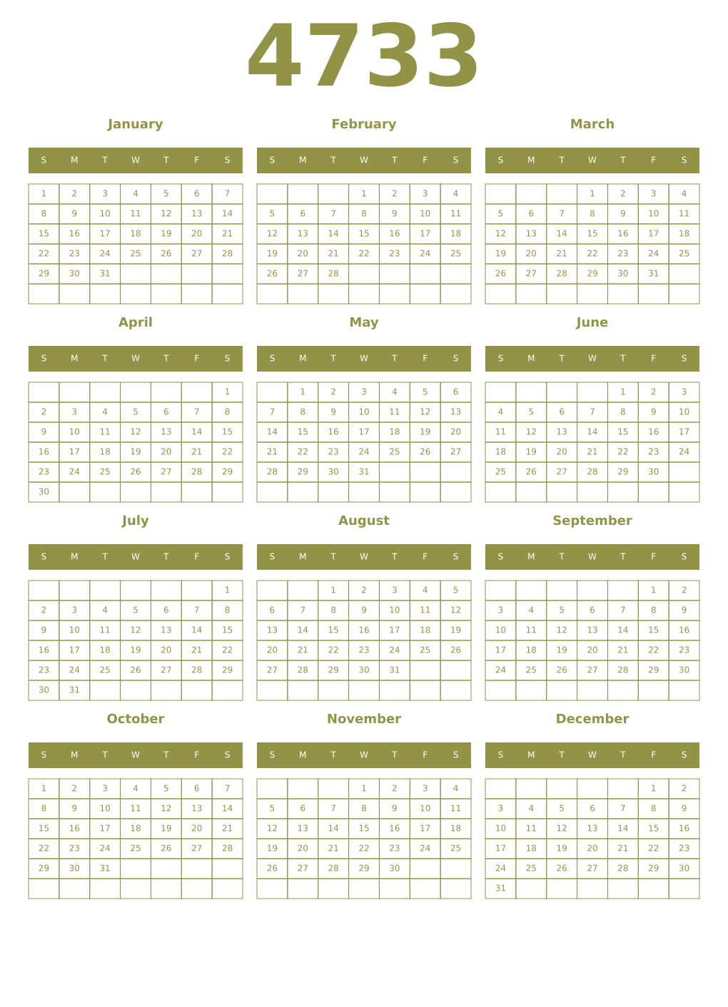 Printable 4733 Year Calendars eburnean