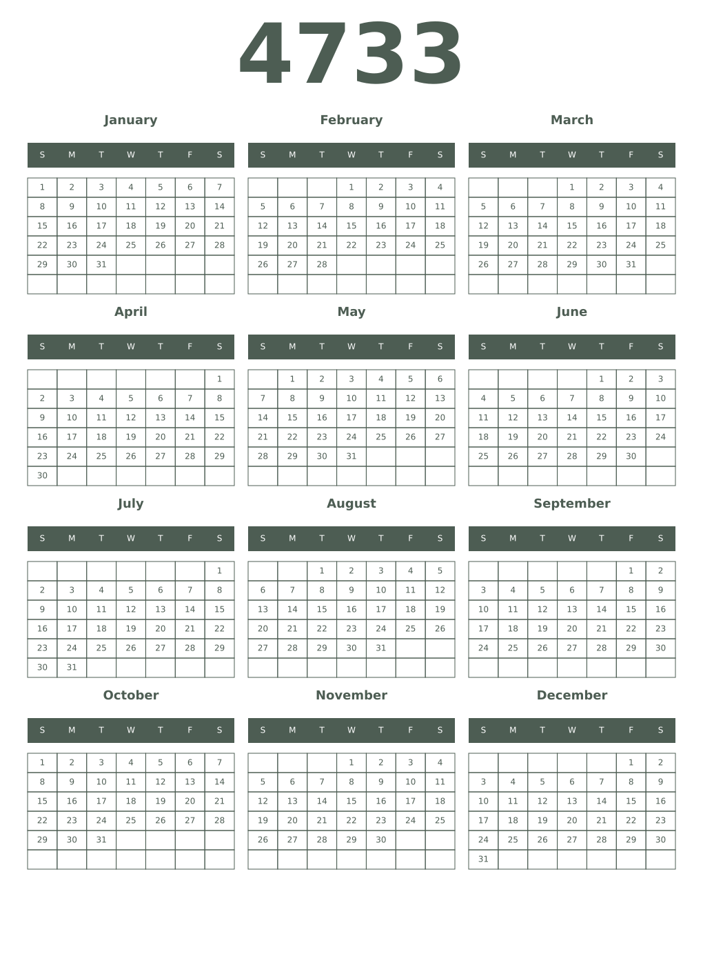 Printable 4733 Year Calendars feldgrau