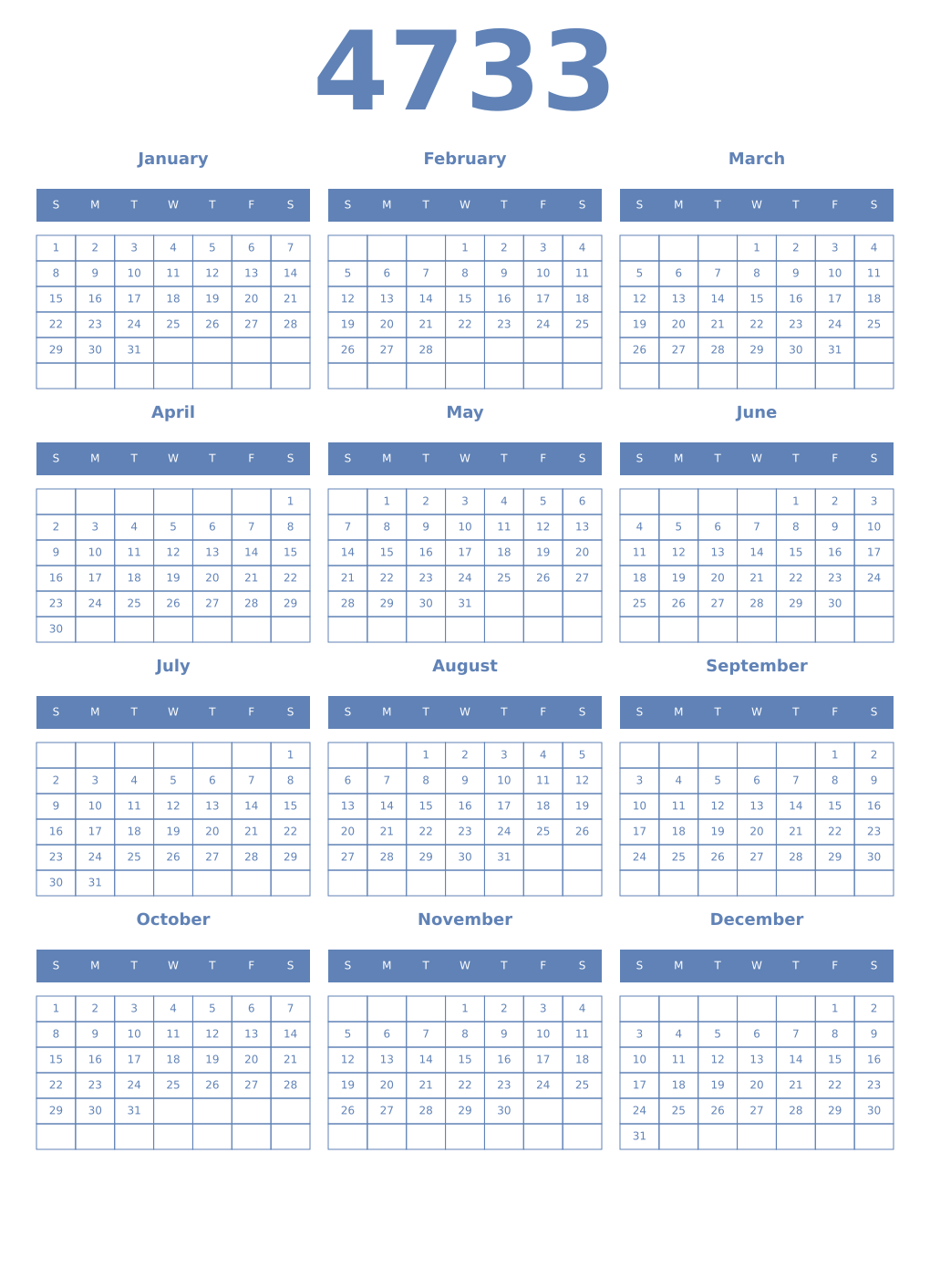 Printable 4733 Year Calendars glaucous