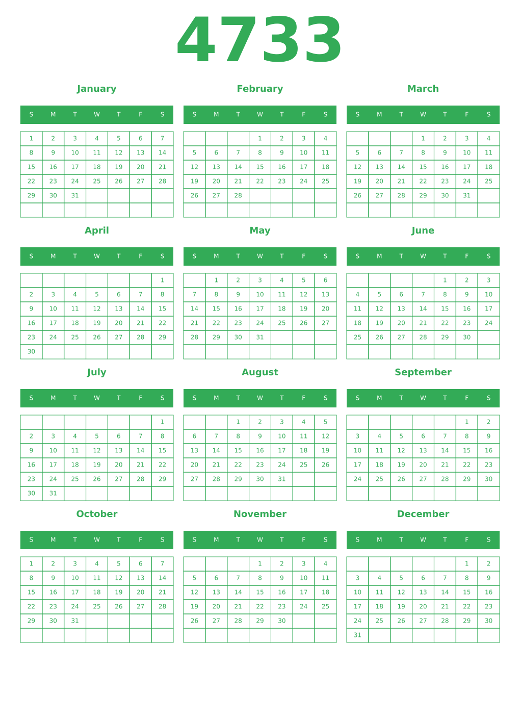 Printable 4733 Year Calendars green