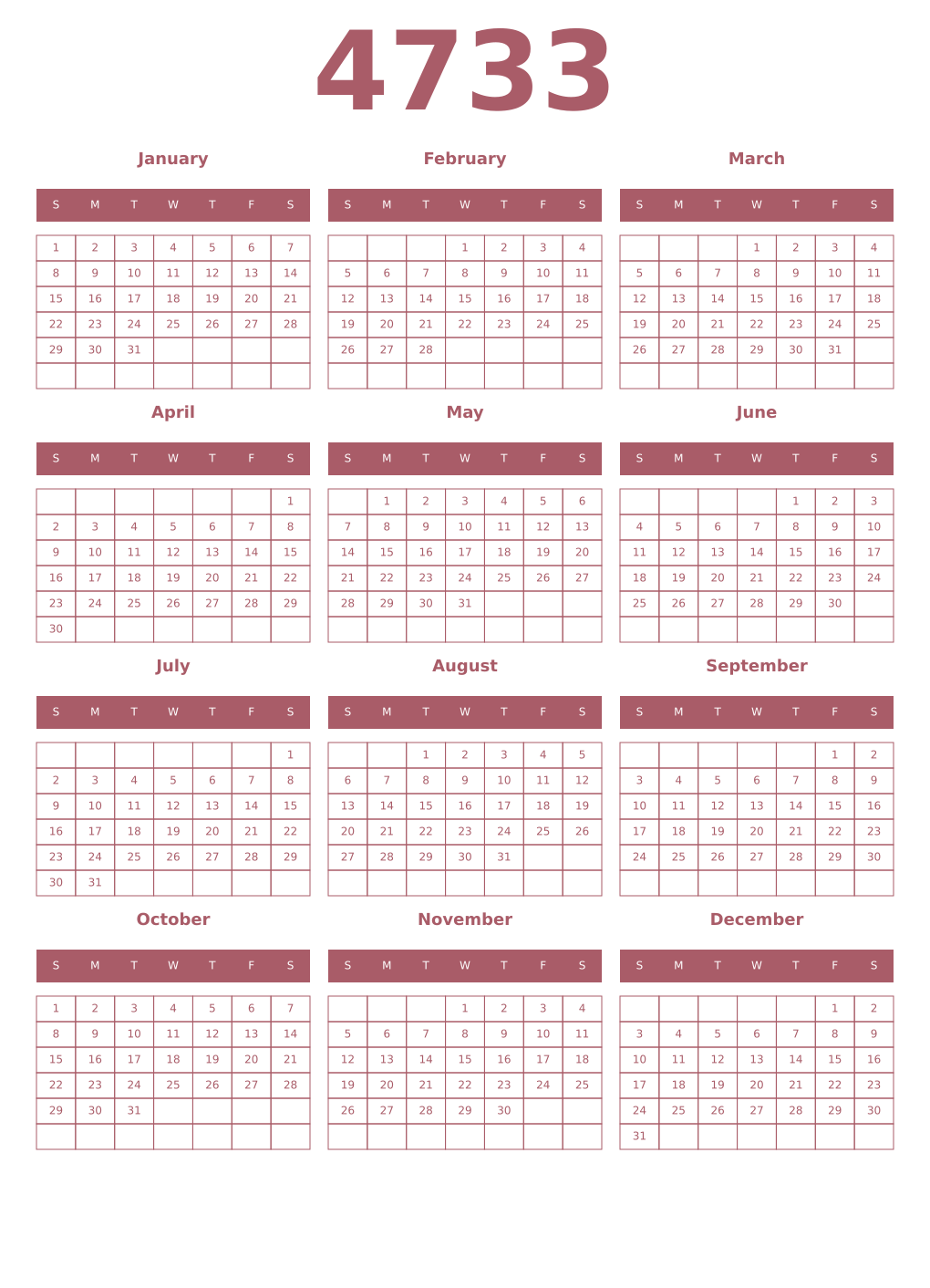 Printable 4733 Year Calendars puce