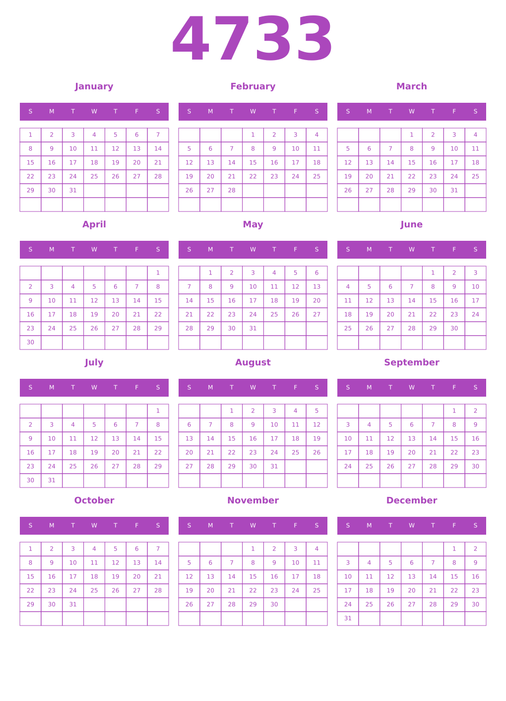 Printable 4733 Year Calendars purple