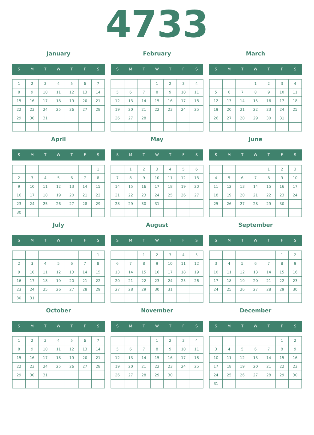 Printable 4733 Year Calendars viridian